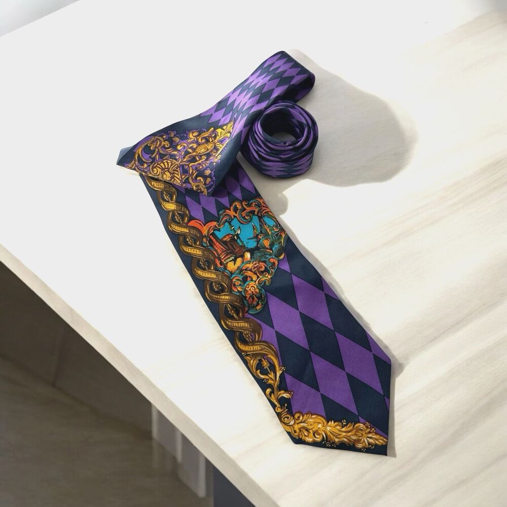 STYLVS Vintage Nautical Sailboat Galleon Ship Silk Necktie Tie 58" Purple & Navy